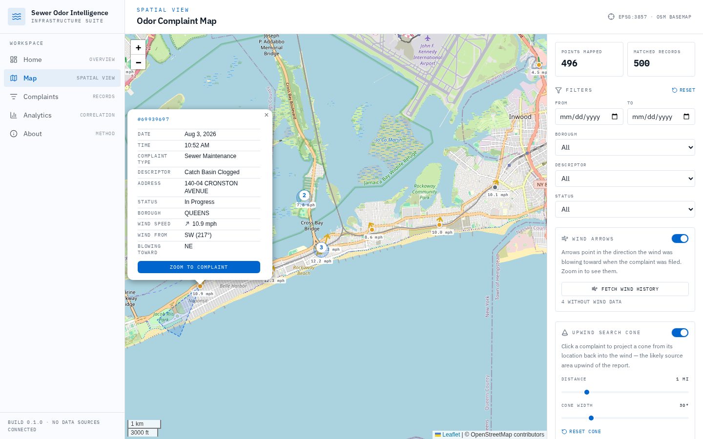 Complaint popup showing date, descriptor, status, wind speed and direction with an upwind search cone drawn on the map