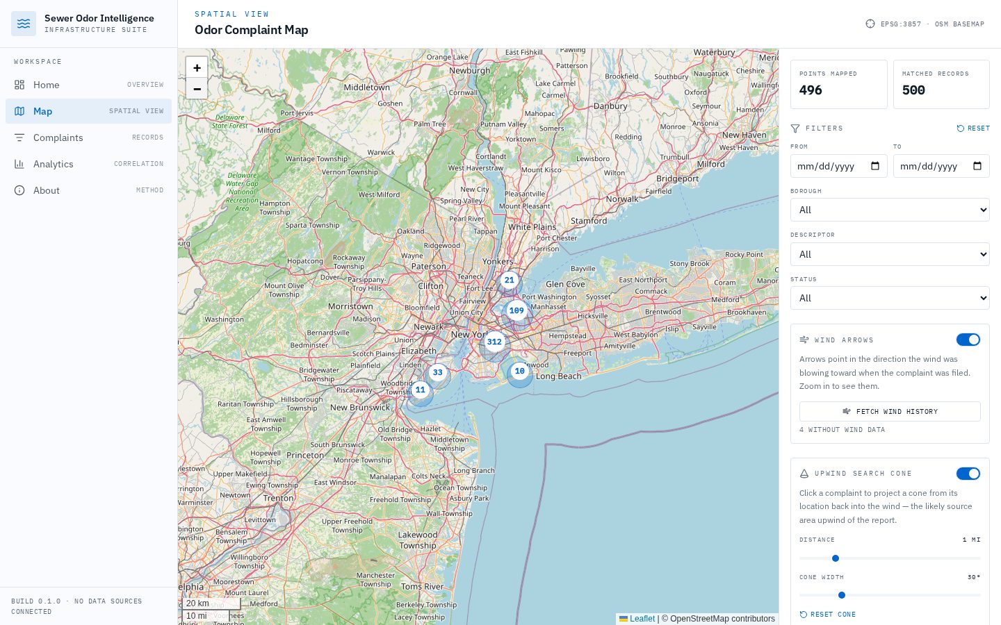 Regional GIS view of clustered sewer odor complaints across New York City boroughs